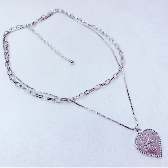❣️$25/3❣️ Sliver Plated Heart Pendant Double Chains Necklace - Picture 11 of 14